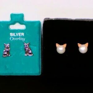 2 New Pairs Cat Earrings Bundle. Signed WLcary Gold Over 925 Sterling & Overlay